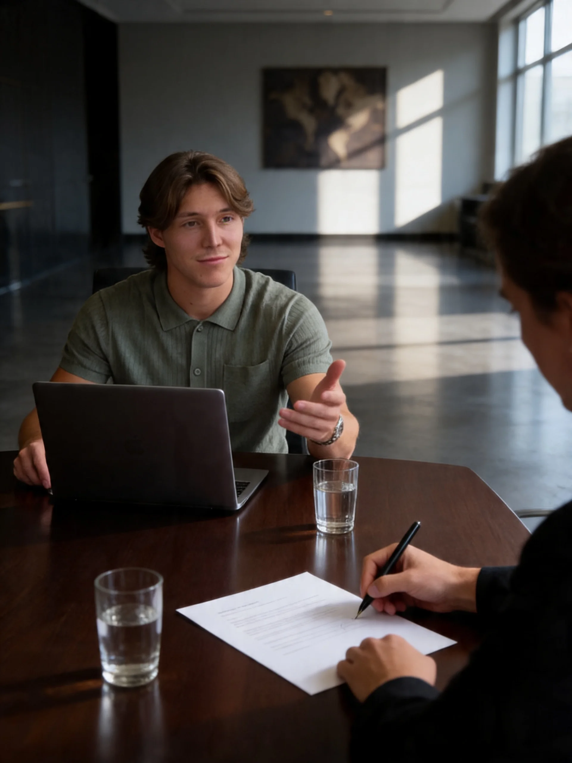 Cole Emmons at a meeting table with his laptop open, talking through a plan.