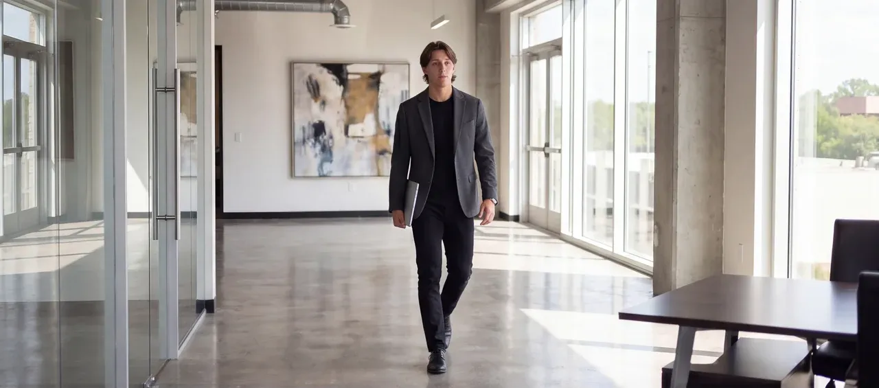 Cole walking through an office with his laptop.
