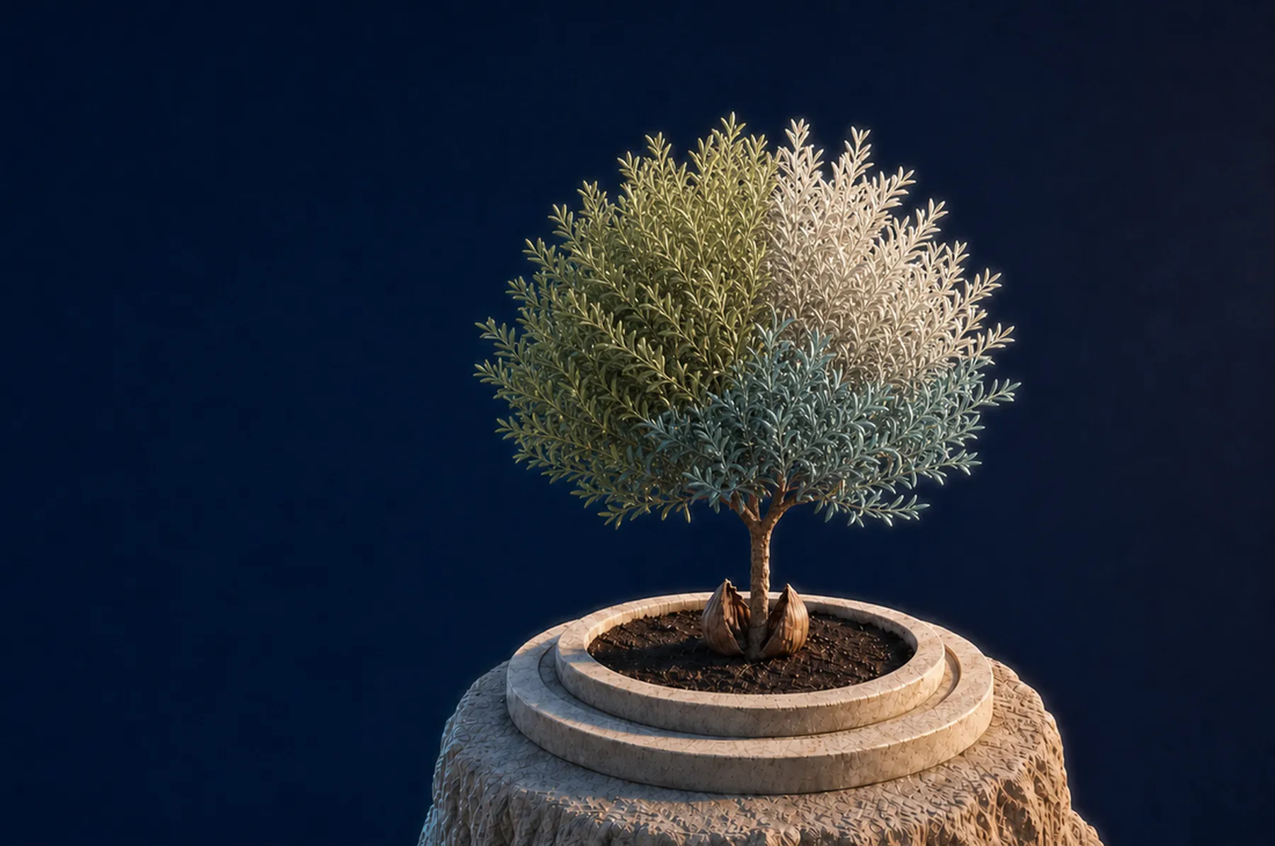 Film still: three branches, moss, cream and teal.