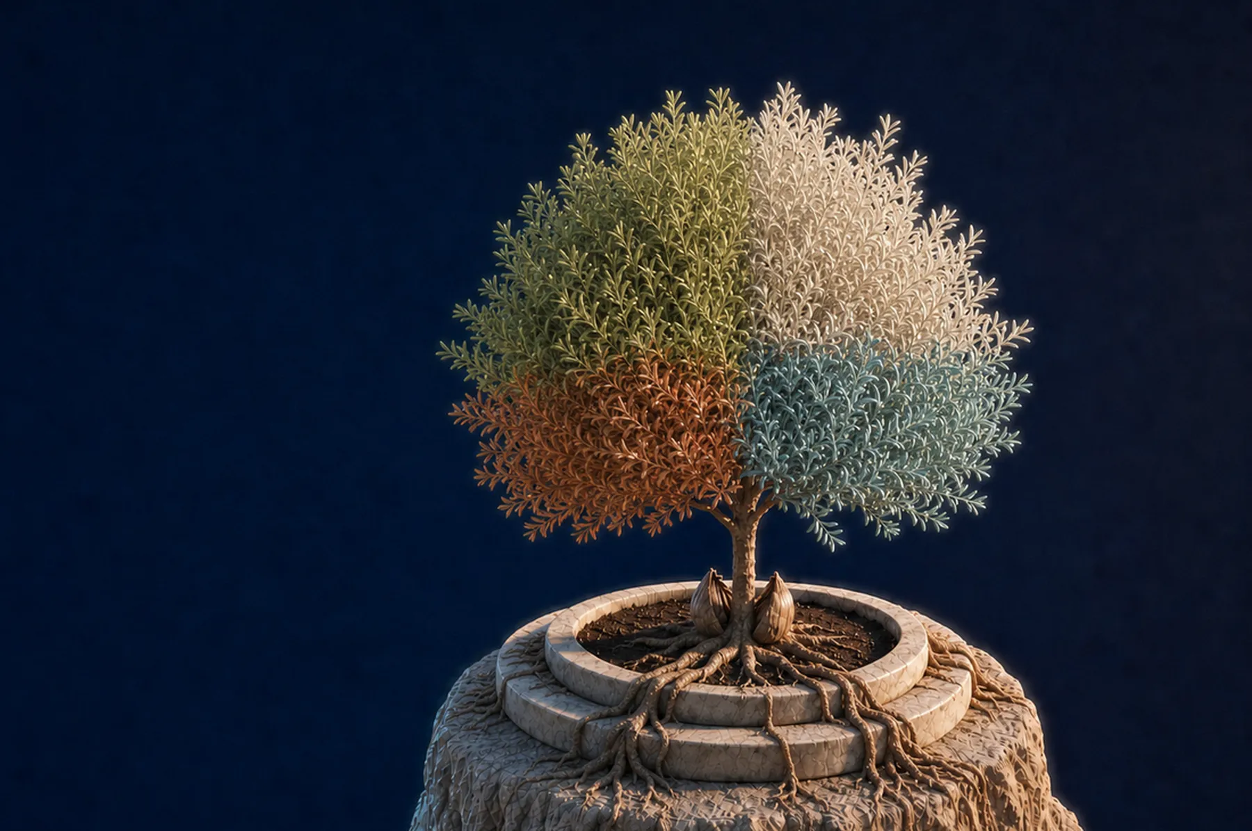 Film still: the full crown with four colored branches and roots.