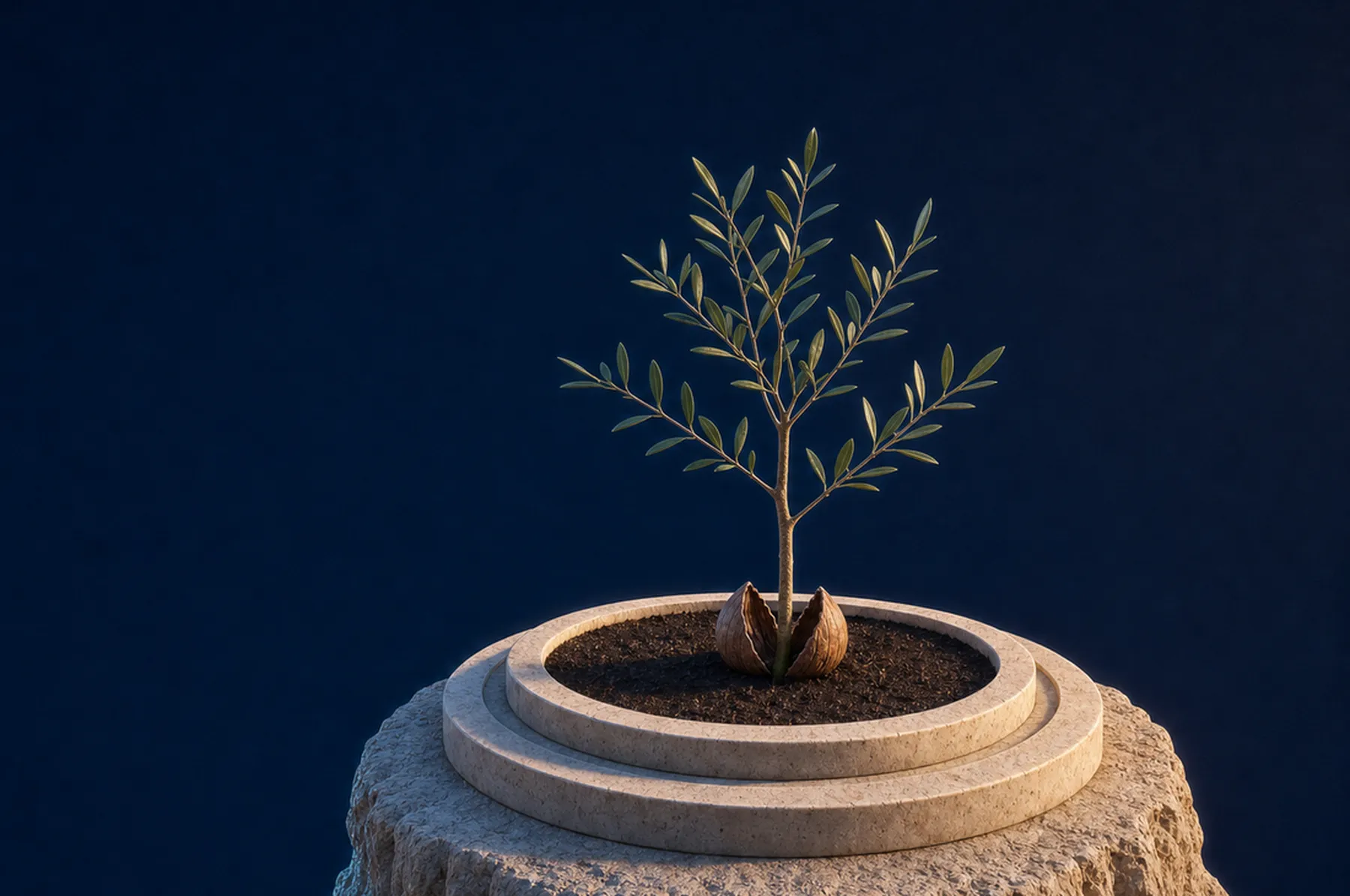 Film still: a young olive sapling on a stone plinth.