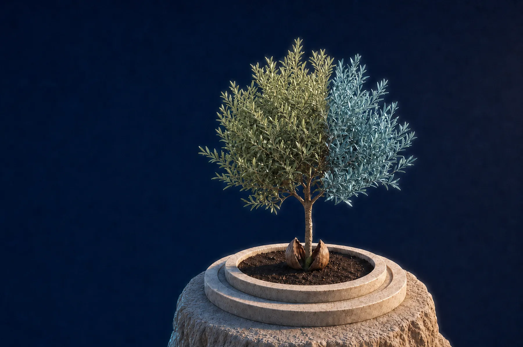 Film still: the tree with two branches, moss and teal.